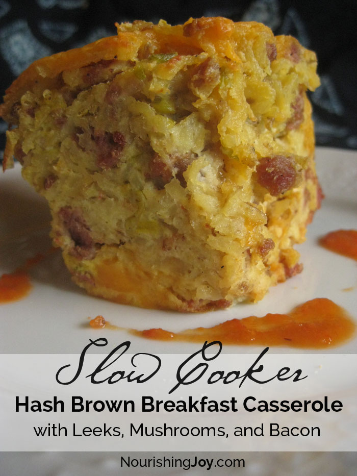 Slow Cooker Hash Brown Breakfast Casserole with Leeks, Mushrooms, and Bacon | NourishingJoy.com
