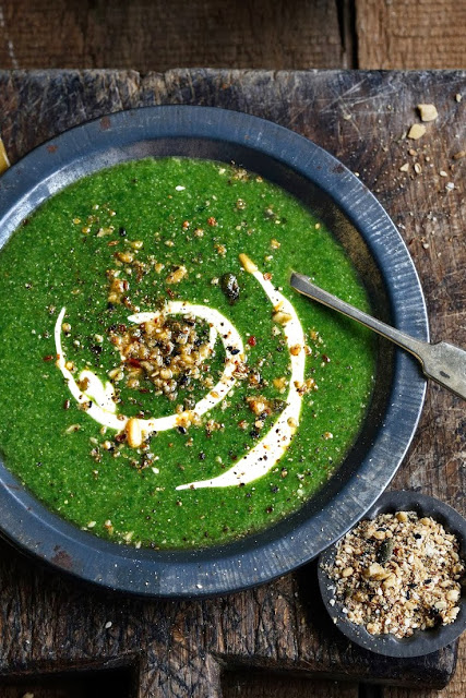 New Years Resolution Spinach, Broccoflower and Coriander Soup with Yoghurt Feta Swirl and Dukkah from From the Kitchen