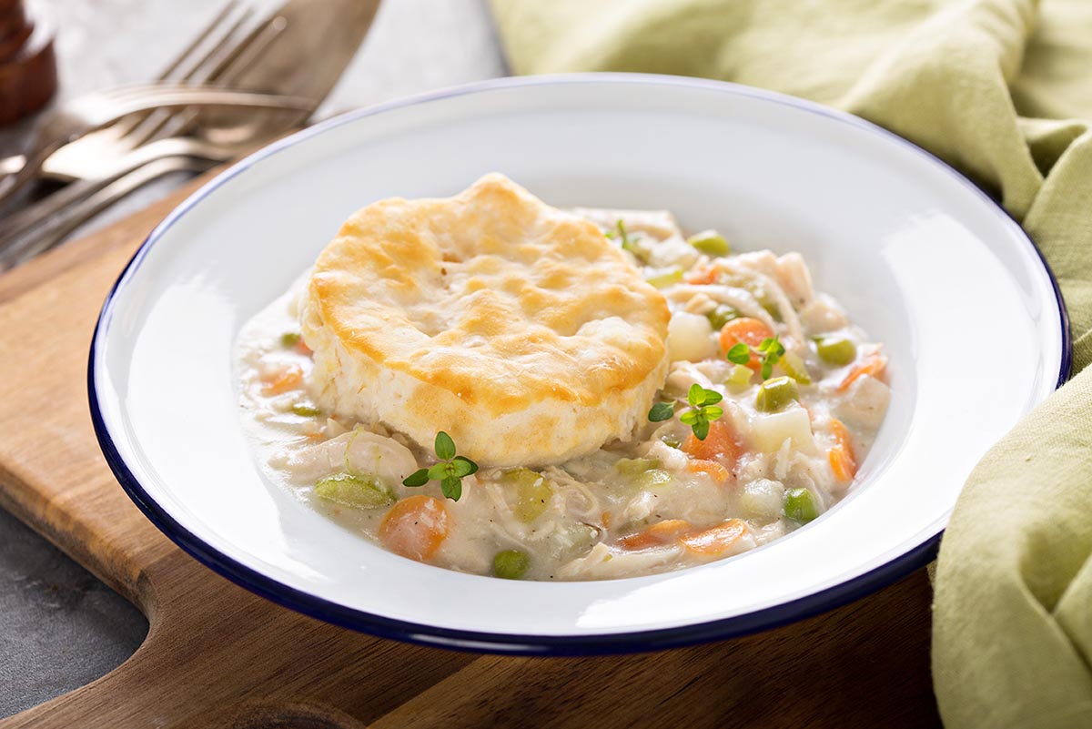 Pot-pie biscuits and gravy are about as simple as Thanksgiving leftovers can get - and it's comfort food, to boot.